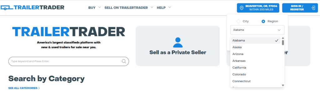 Image of Trailer Trader's website home page showing the region search filter, with Alabama selected